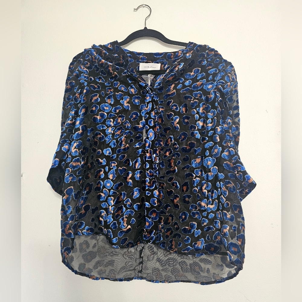 NWT Dear John Women's Burnout Blue Velvet Leopard Print Blouse Sheer Size Large